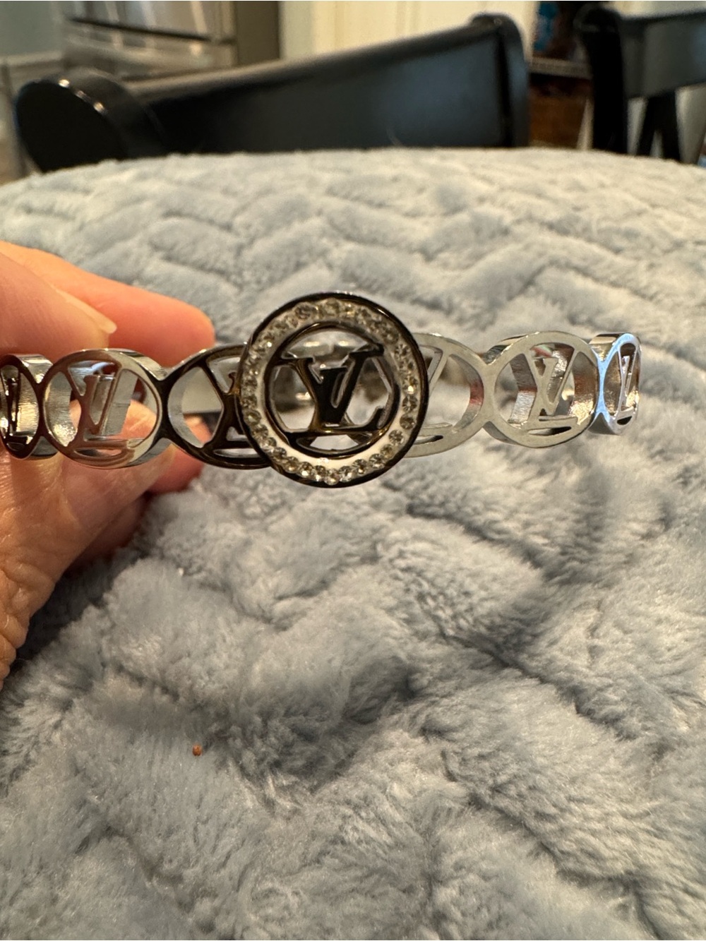 Louis Vuitton Silver LV Circle Logo Bangle with Crystal Medallion